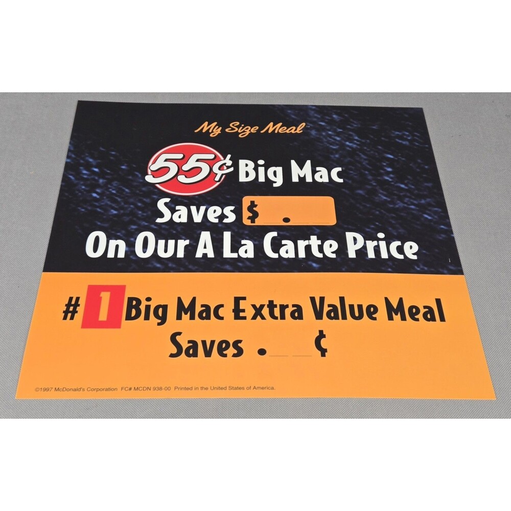 Vintage 1997 McDonald’s Big Mac 55¢ My Size Meal Translite Sign Poster